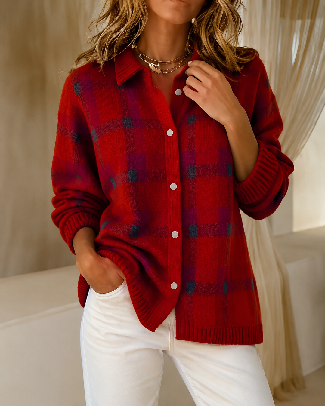 Cardigan à Carreaux Col Chemise Femme