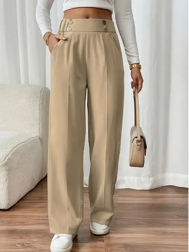 Pantalon Large Taille Haute À Boutons Décoratifs Femme
