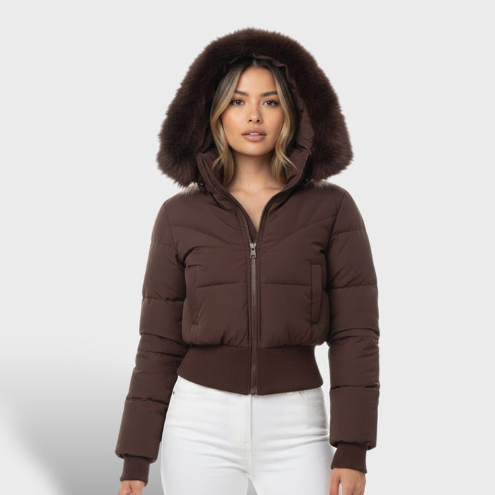 Doudoune Courte à Capuche Bordée Femme
