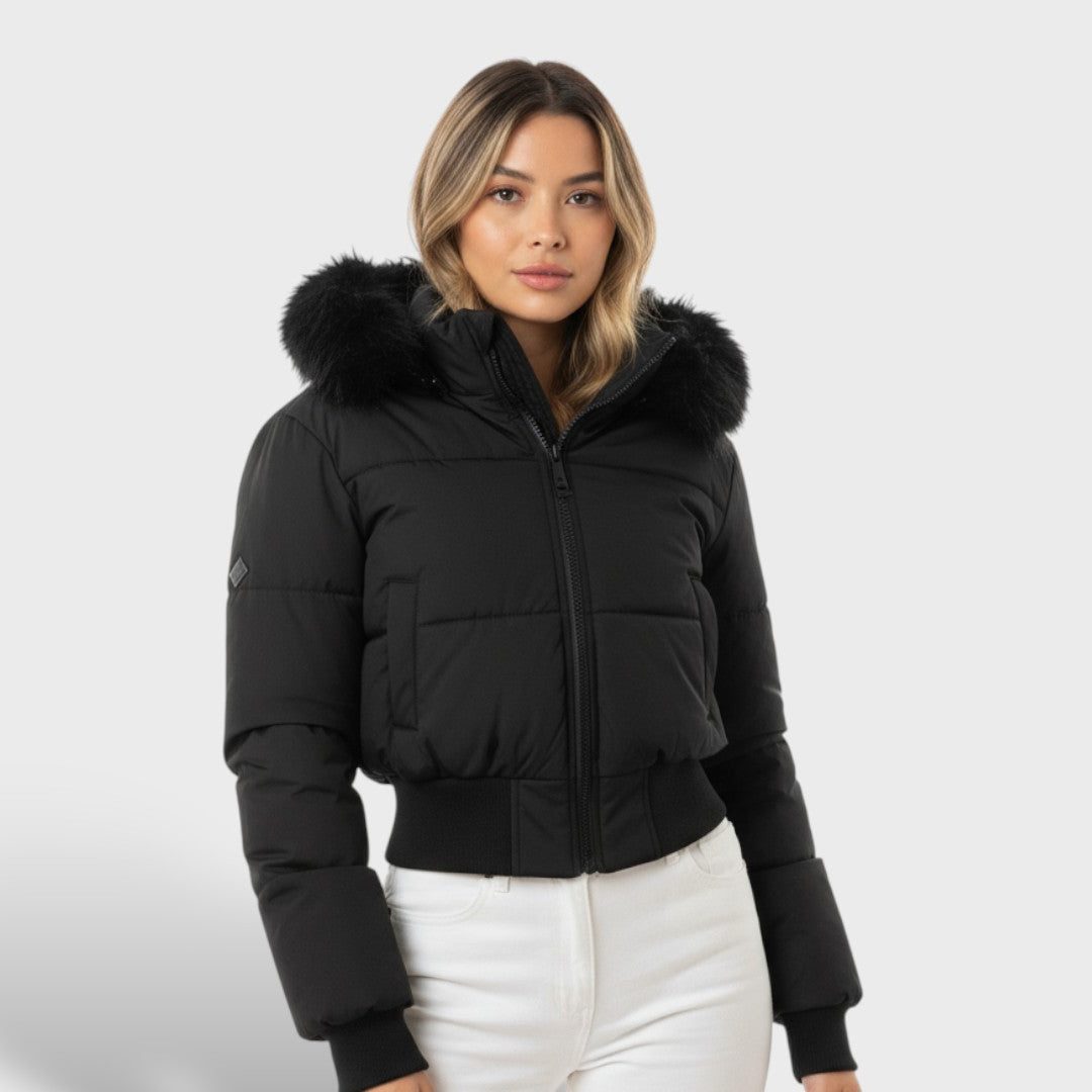 Doudoune Courte à Capuche Bordée Femme