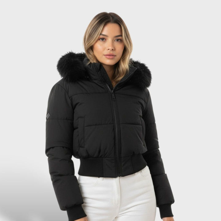 Doudoune Courte à Capuche Bordée Femme