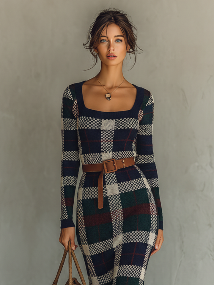 Robe Longue à Carreaux Col Carré Femme