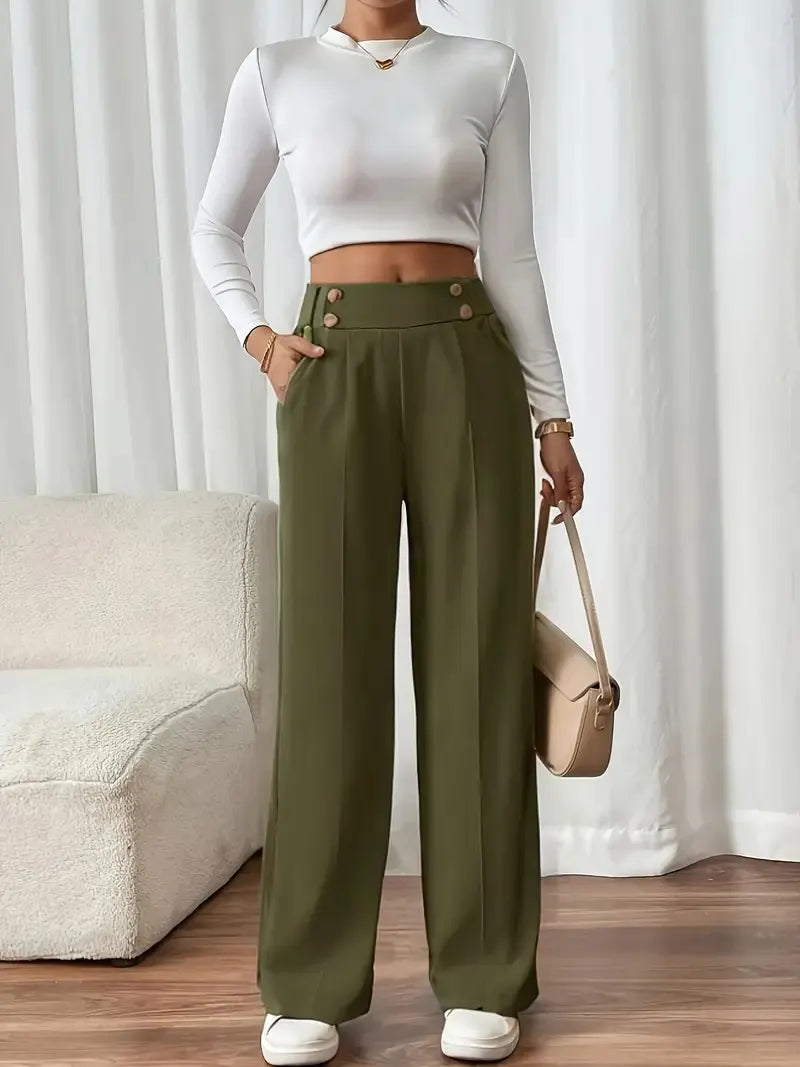Pantalon Large Taille Haute À Boutons Décoratifs Femme