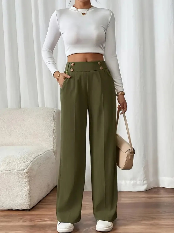 Pantalon Large Taille Haute À Boutons Décoratifs Femme