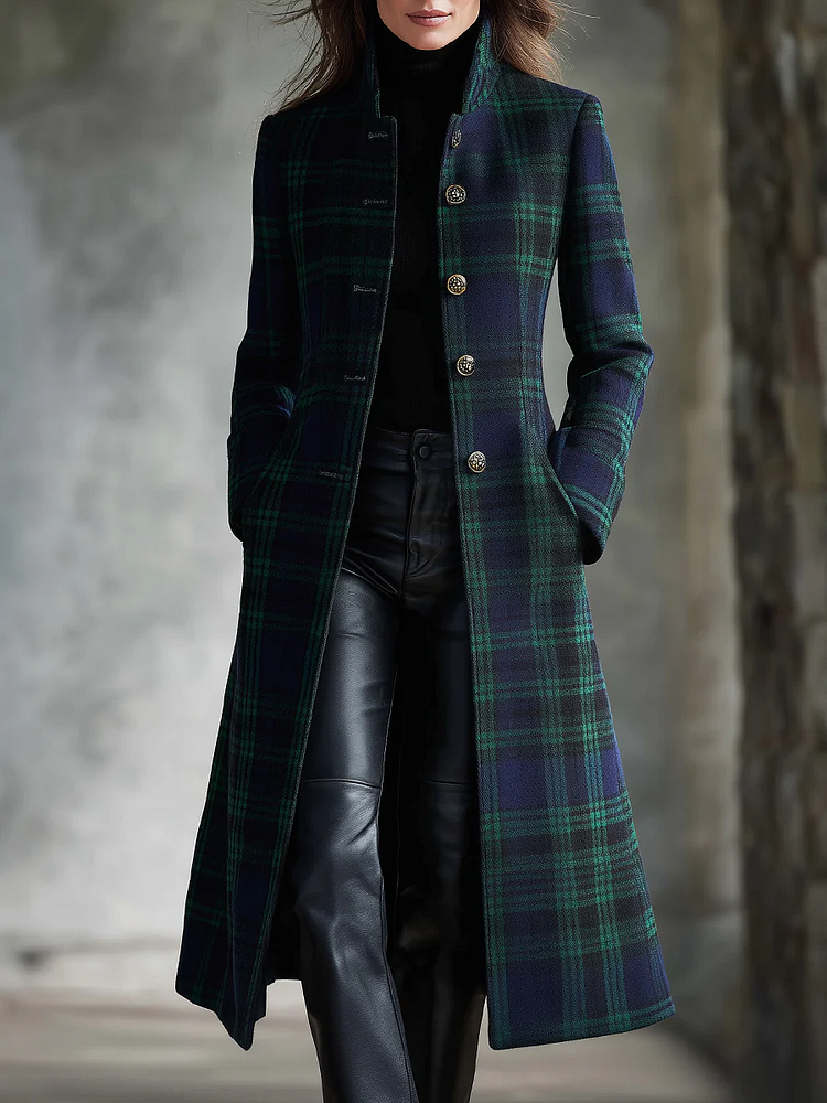 Manteau Long À Carreaux Col Montant Femme