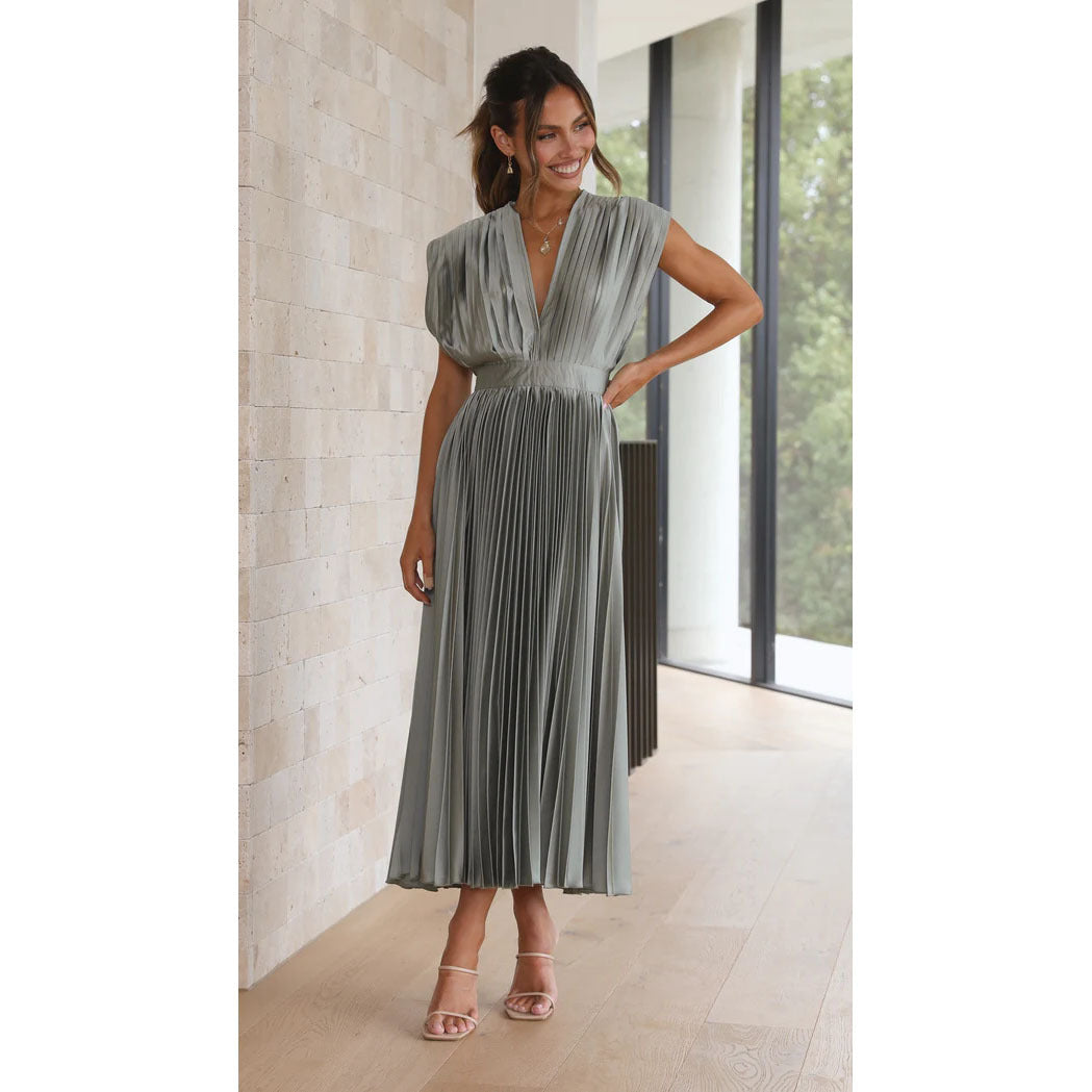 Robe Midi Plissé Soleil Décolleté V Femme