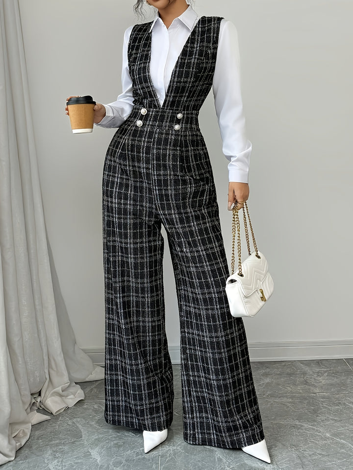 Combinaison Pantalon à Carreaux et Boutons Femme