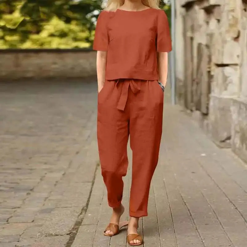 Combinaison Ceinturée Manches Courtes Femme