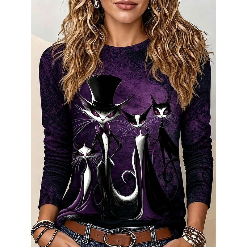 Haut Halloween Imprimé Chats Gothiques Femme