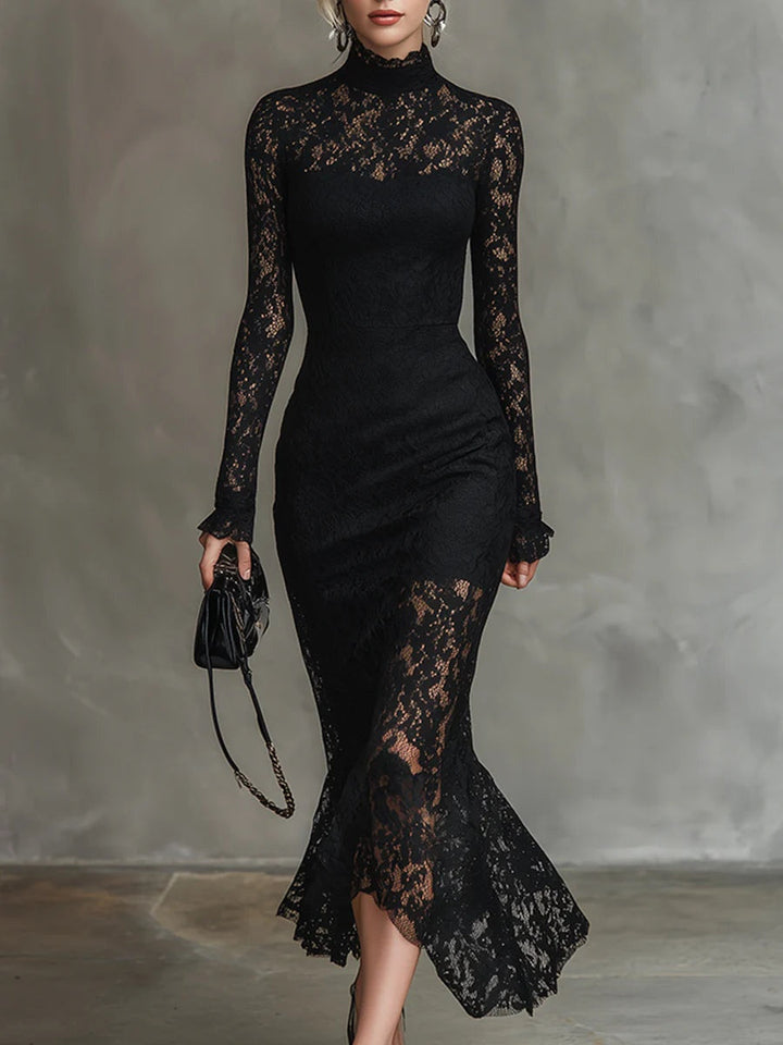 Robe Midi en Dentelle à Col Montant Femme