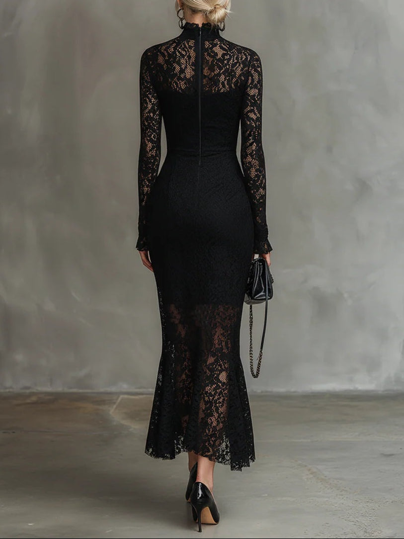 Robe Midi en Dentelle à Col Montant Femme