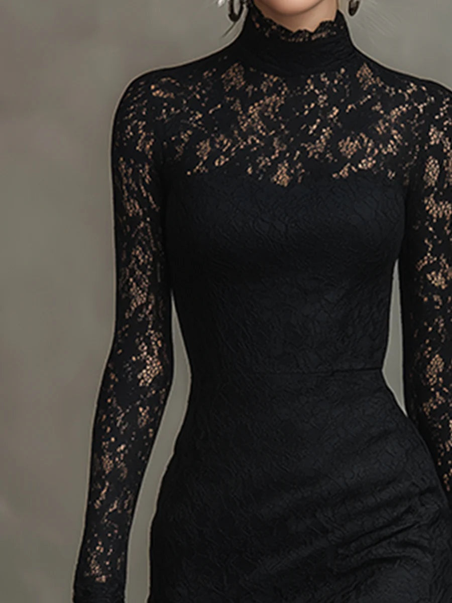 Robe Midi en Dentelle à Col Montant Femme