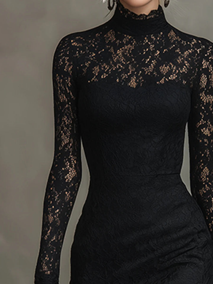 Robe Midi en Dentelle à Col Montant Femme