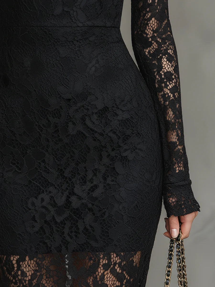 Robe Midi en Dentelle à Col Montant Femme