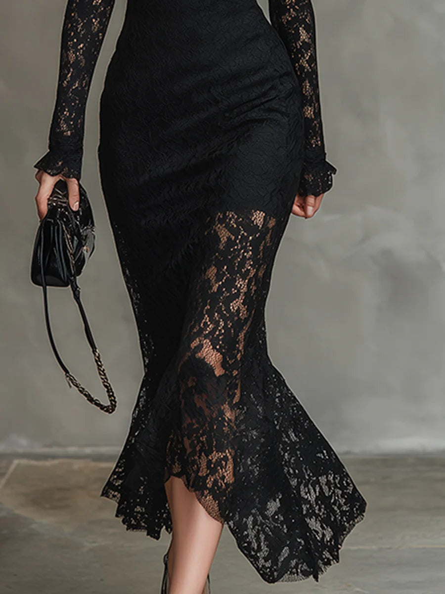 Robe Midi en Dentelle à Col Montant Femme