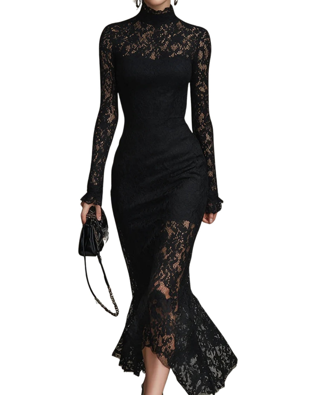 Robe Midi en Dentelle à Col Montant Femme