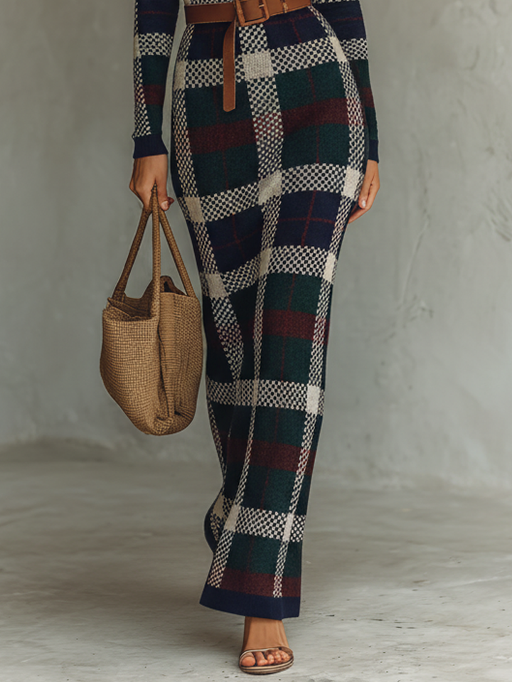 Robe Longue à Carreaux Col Carré Femme