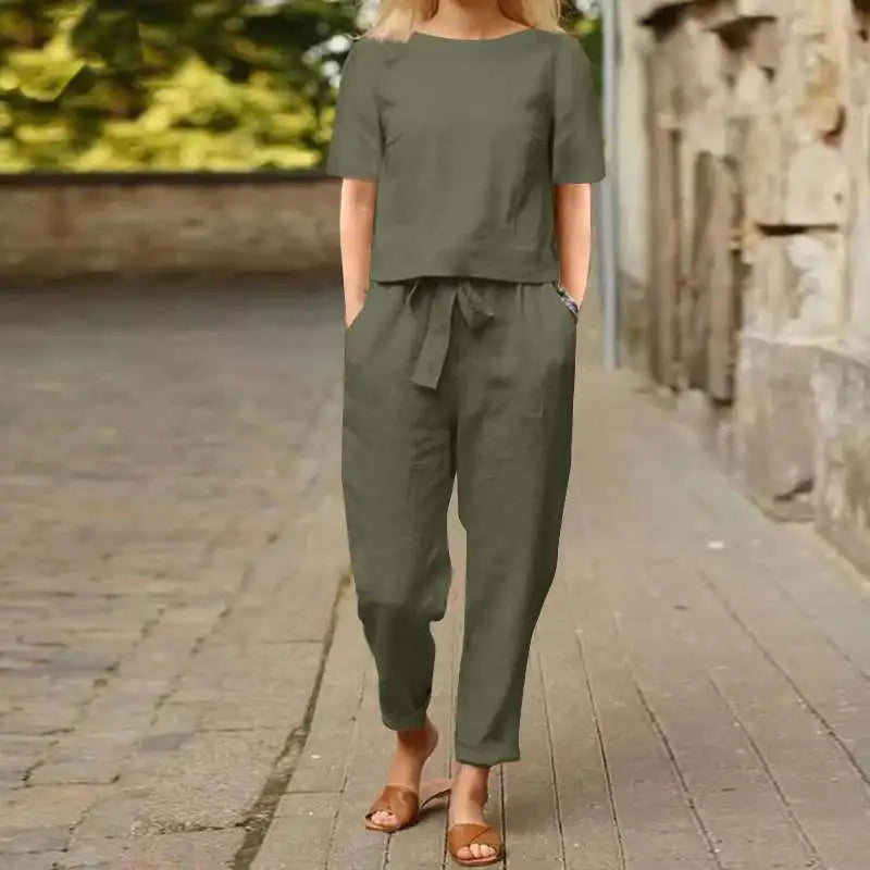 Combinaison Ceinturée Manches Courtes Femme