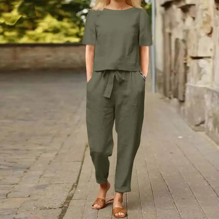 Combinaison Ceinturée Manches Courtes Femme