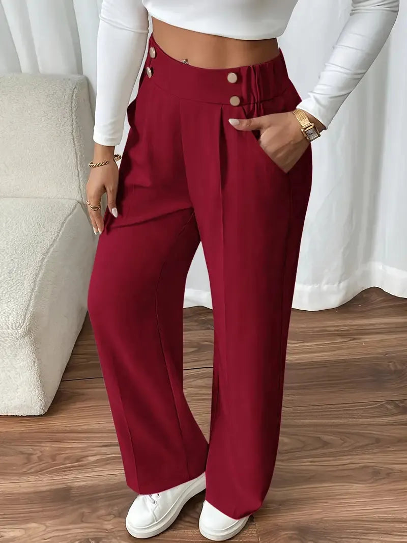 Pantalon Large Taille Haute À Boutons Décoratifs Femme