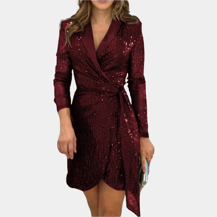 Robe Portefeuille Pailletée Manches Longues Femme
