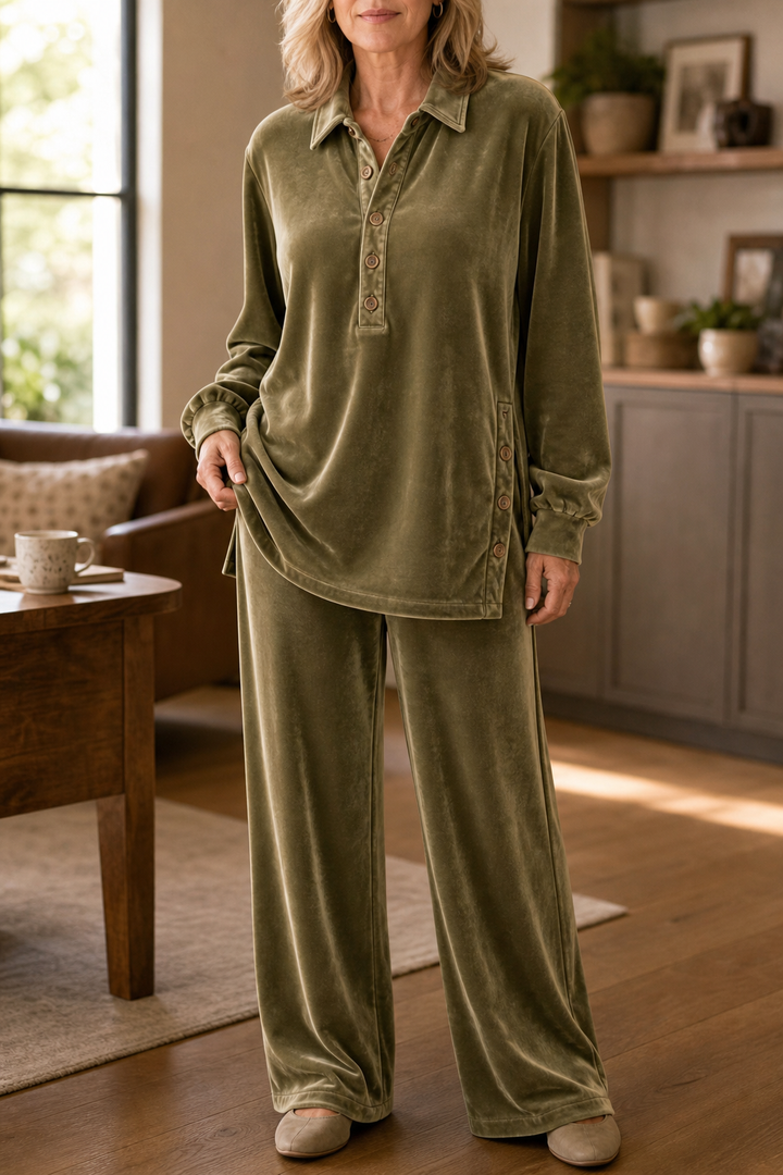 Ensemble 2 Pièces Haut À Col Chemise Et Pantalon Large Femme