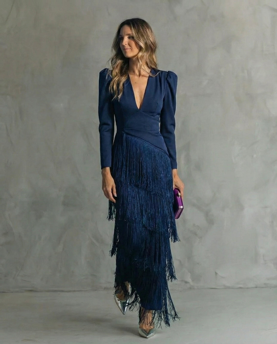 Robe Longue à Franges Et Décolleté En V Femme