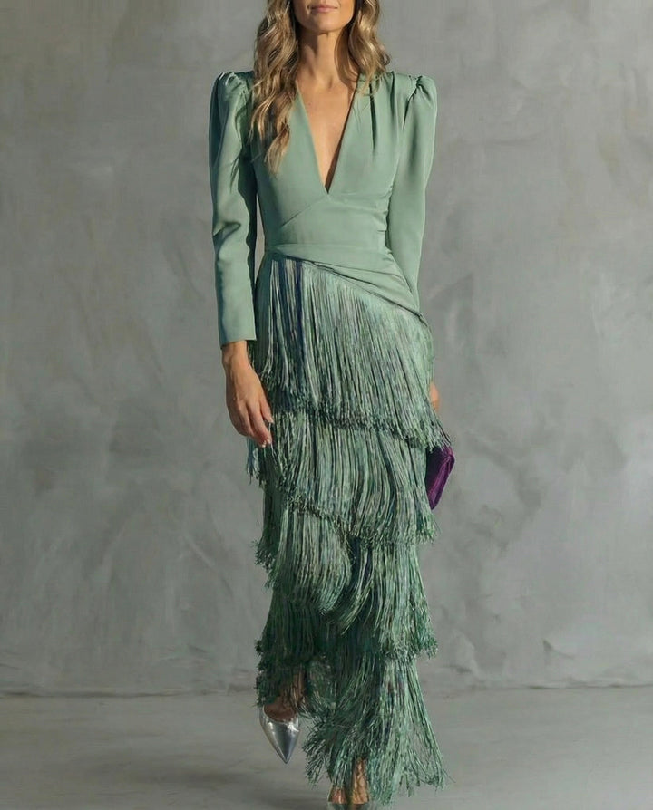 Robe Longue à Franges Et Décolleté En V Femme