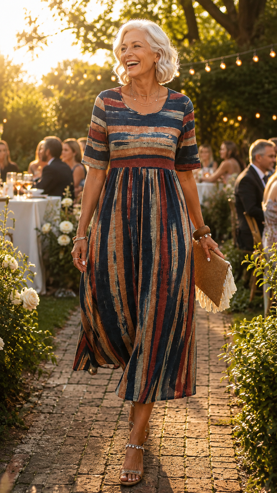 Robe Midi Rayée Manches Courtes Femme
