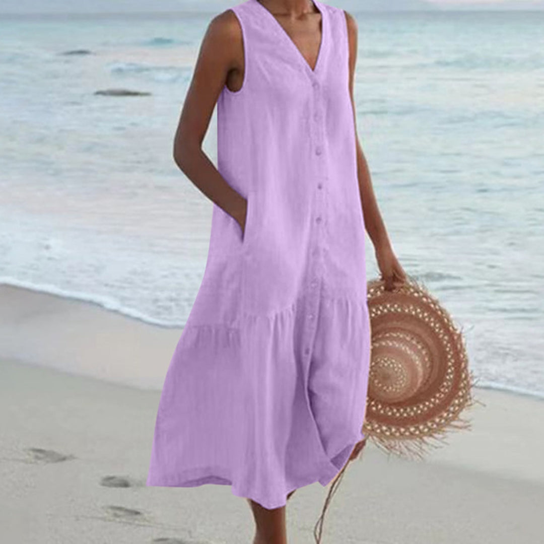 Robe Longue Boutonnée Sans Manches Femme