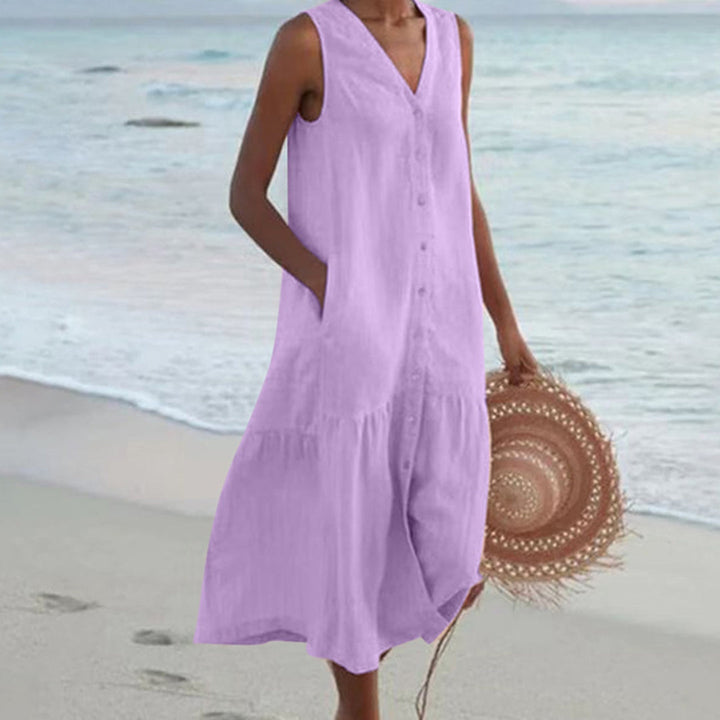 Robe Longue Boutonnée Sans Manches Femme