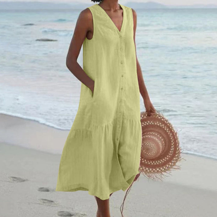 Robe Longue Boutonnée Sans Manches Femme