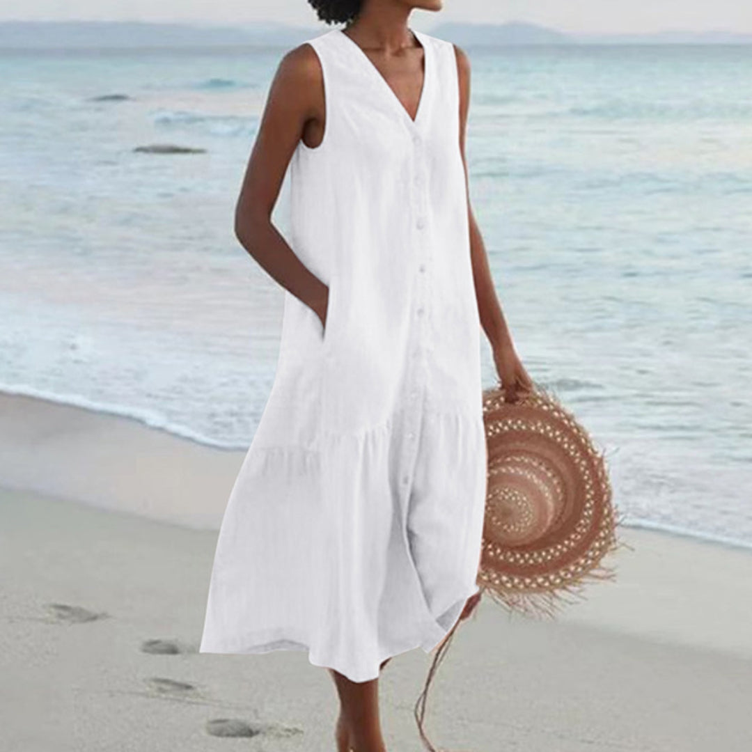 Robe Longue Boutonnée Sans Manches Femme