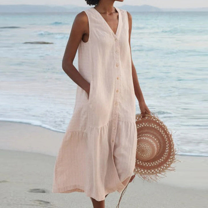 Robe Longue Boutonnée Sans Manches Femme