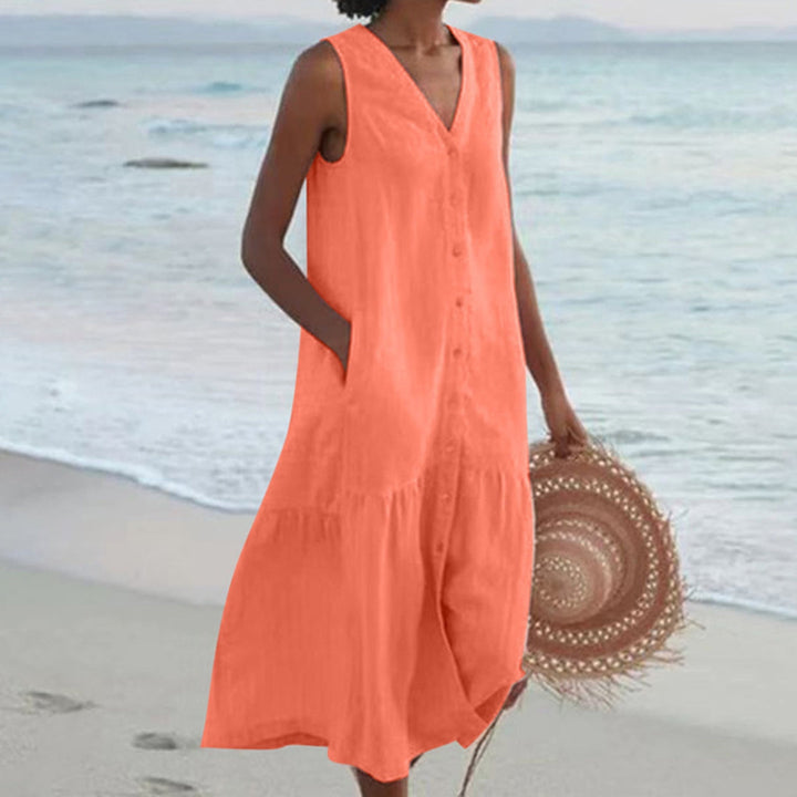 Robe Longue Boutonnée Sans Manches Femme