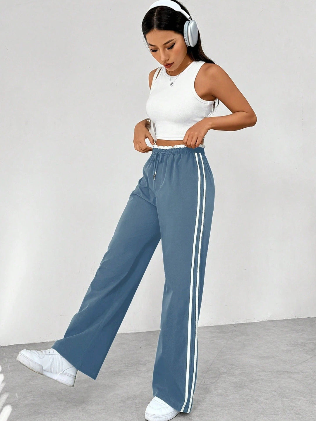 Pantalon Jogging Taille Haute à Jambes Larges Femme