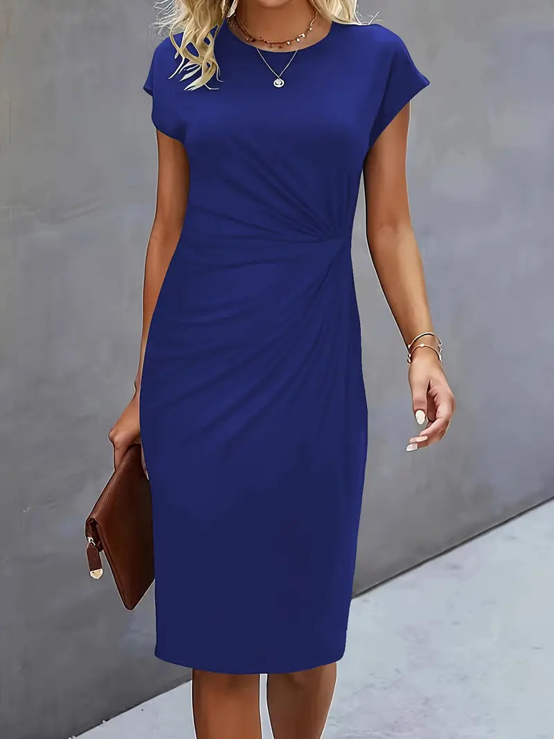 Robe Midi Drapée à Manches Courtes Femme