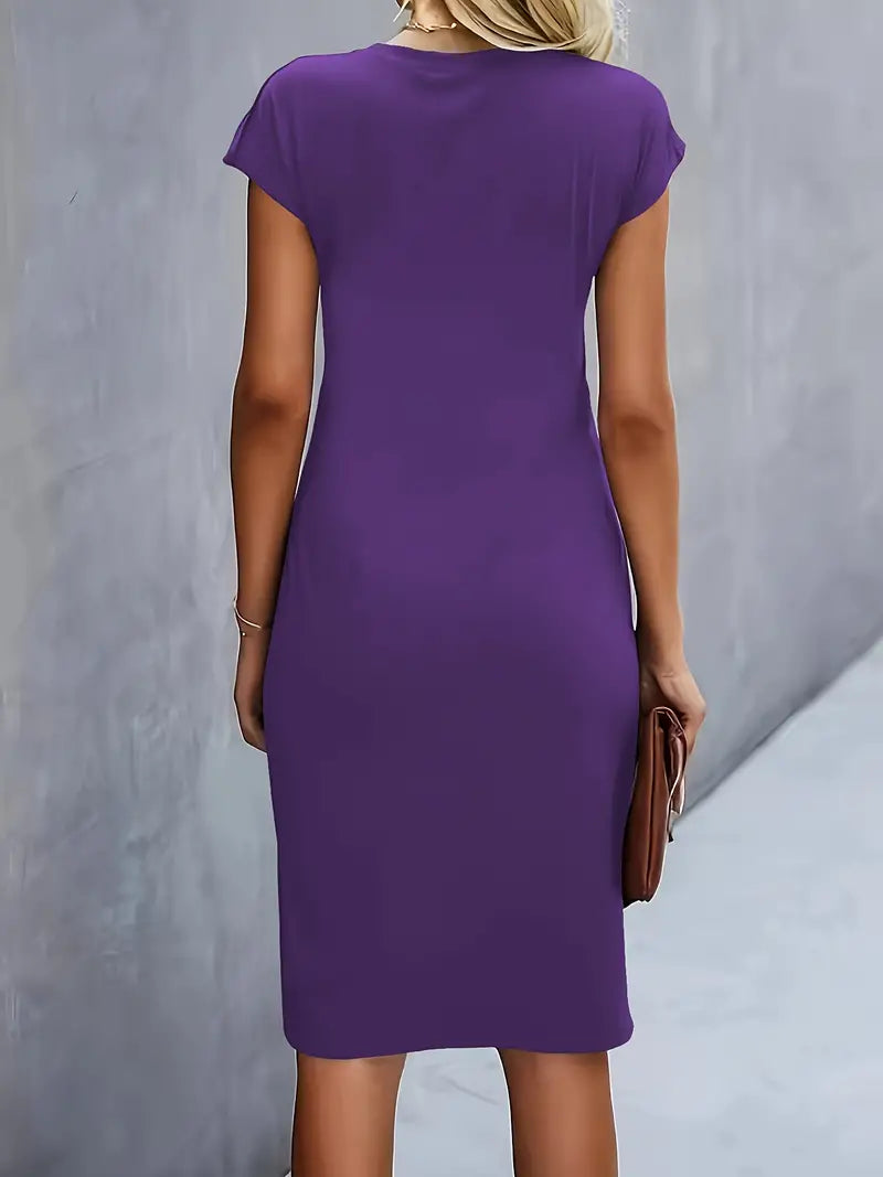 Robe Midi Drapée à Manches Courtes Femme