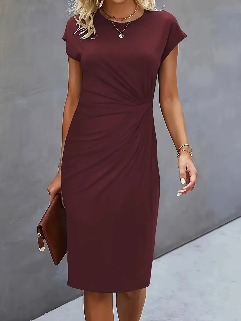 Robe Midi Drapée à Manches Courtes Femme