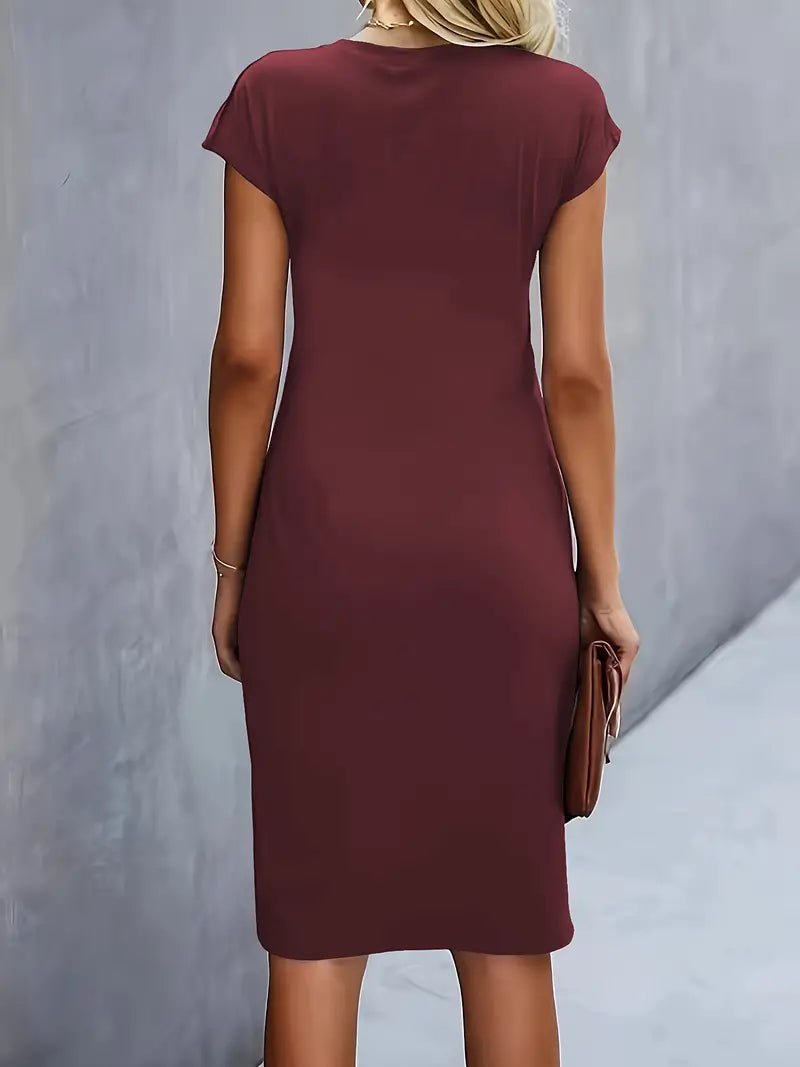 Robe Midi Drapée à Manches Courtes Femme