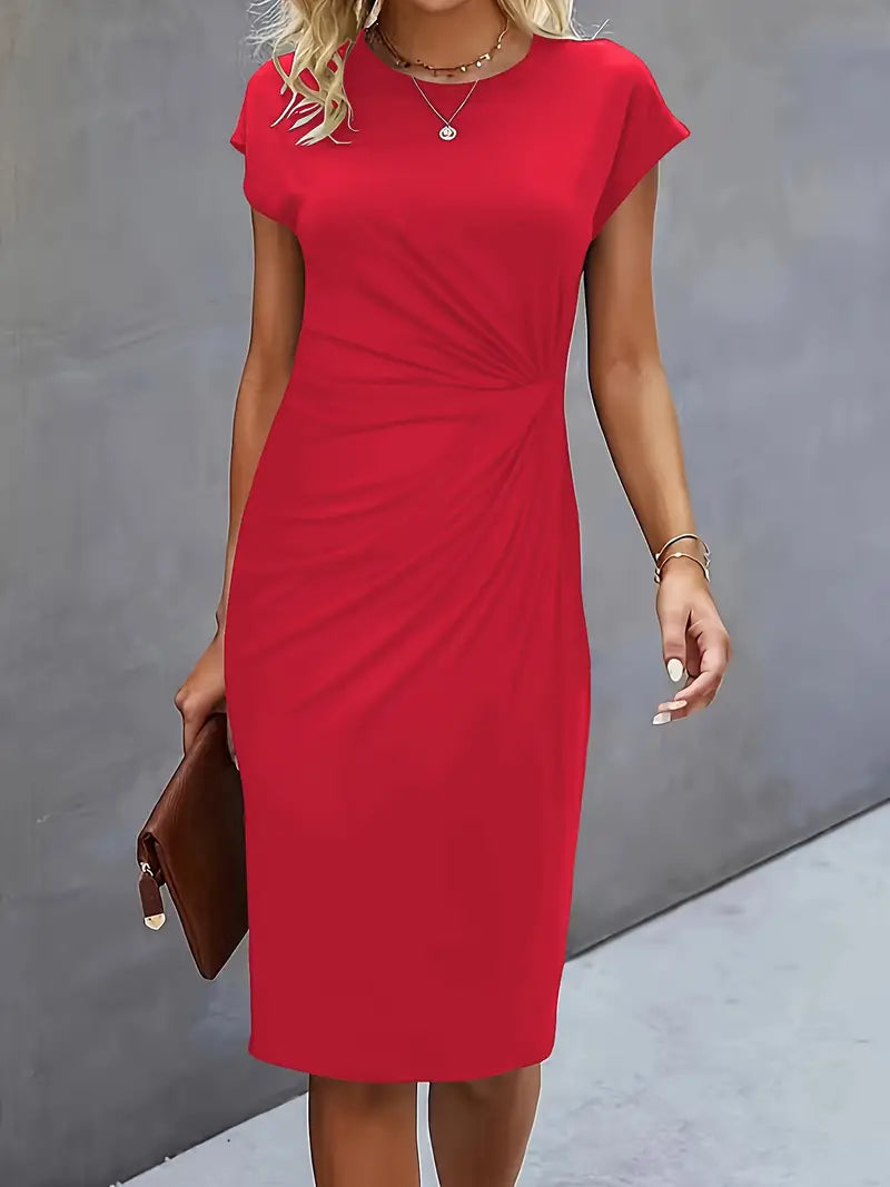 Robe Midi Drapée à Manches Courtes Femme