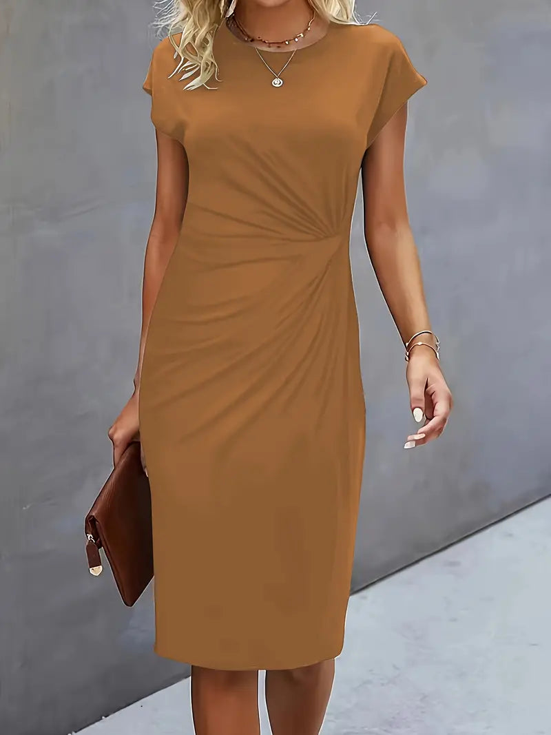 Robe Midi Drapée à Manches Courtes Femme