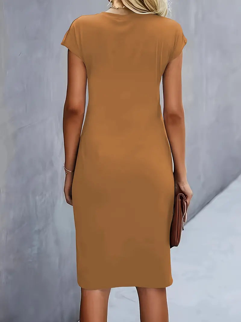 Robe Midi Drapée à Manches Courtes Femme