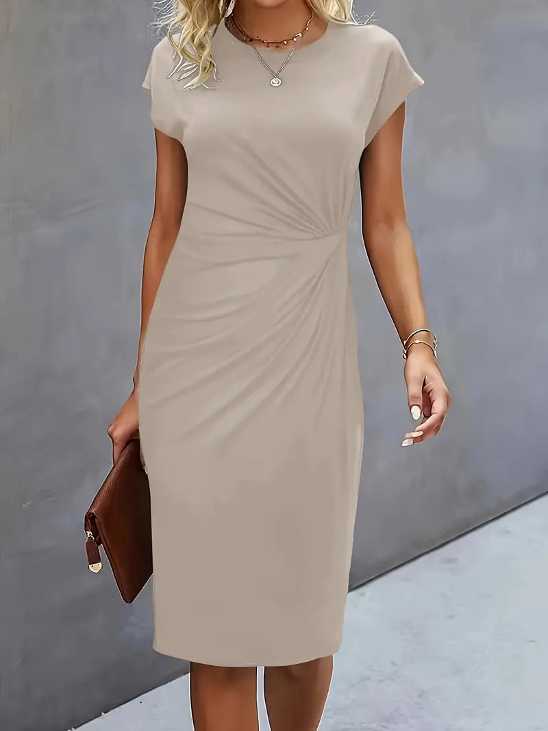 Robe Midi Drapée à Manches Courtes Femme