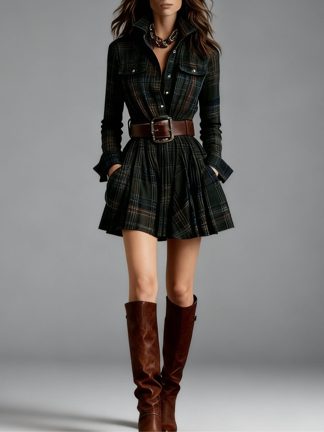 Robe Chemise Courte à Carreaux Femme