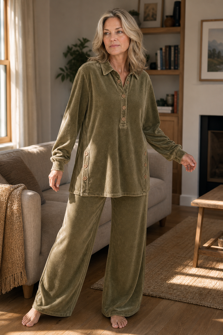 Ensemble 2 Pièces Haut À Col Chemise Et Pantalon Large Femme