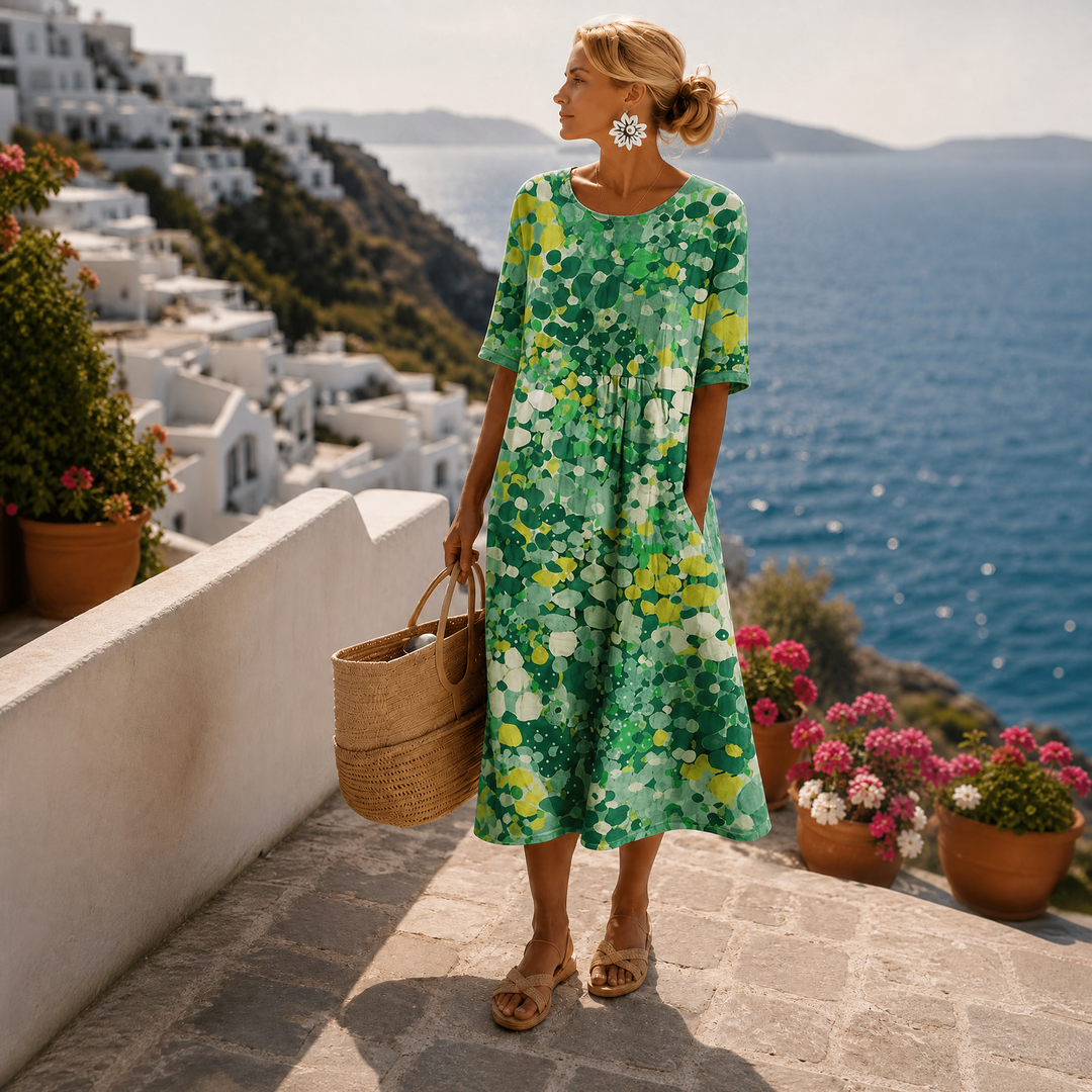 Robe Midi Imprimée Manches Courtes Femme