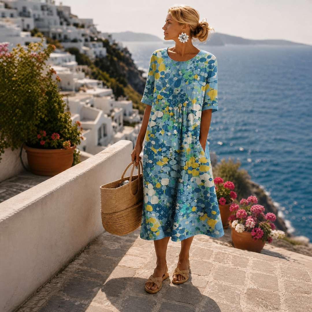Robe Midi Imprimée Manches Courtes Femme