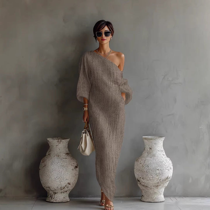Robe Longue Asymétrique à Épaule Dénudée Femme