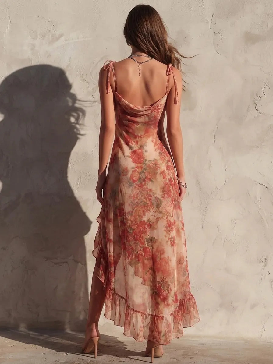 Robe Midi Fleurie à Volants Femme